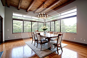 Wood table unoccupied in front of city skyline during