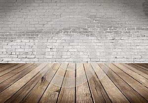 Wood table with White brick wall background