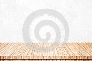 Wood table and white wall background in kitchen, Wooden shelf, counter for food and product display in room background, Wood table