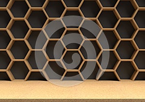 Wood table with wood hexagons background photo