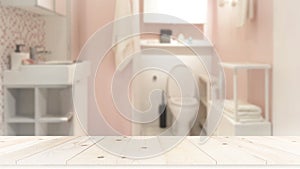 Wood tabletop on blur bathroom background, design key visual
