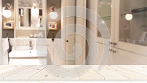 Wood tabletop on blur bathroom background, design key visual