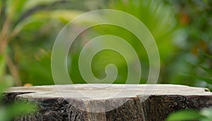 Wood tabletop podium floor in outdoors blur green palm leaf tropical forest nature landscape background.cosmetic natural product