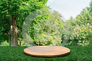 Wood tabletop podium floor in outdoors green leaf tropical forest nature landscape background.Organic healthy natural product