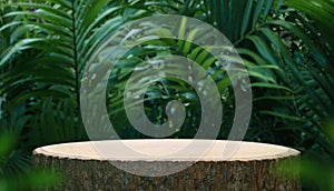 Wood tabletop podium floor in outdoors tropical garden forest blurred green leaf plant nature background.Natural product placement