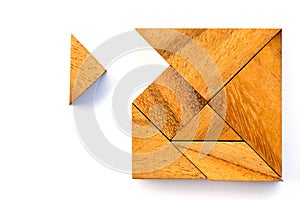 Wood tangram puzzle in square shape wait for fulfill on white