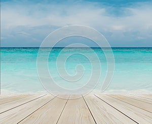 Wood Terrace on The Beach with Clear Sky, Blue Sea and Copyspace for Mock up to Display Product or input Text