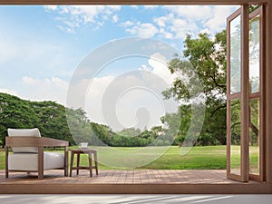 Wood terrace with garden view 3d render