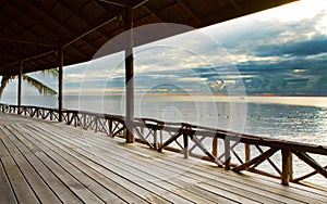 Wood terrace in wooden pavillion against peaceful of heaven sea