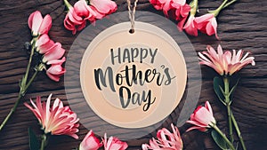 Wood texture background with happy Mothers Day tag, pink flowers