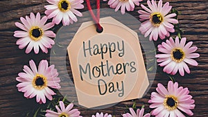 Wood texture background with happy Mothers Day tag, pink flowers