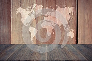 Wood texture background , process in vintage style with wood terrace with world map