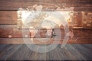 Wood texture background , process in vintage style with wood terrace with world map