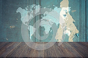 Wood texture background , process in vintage style with wood terrace with world map