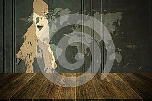 Wood texture background , process in vintage style with wood terrace with world map