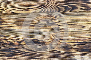 Wood texture background. Wood planks. Texture of bark wood. Burnt tree. Vintage antique yellow boards