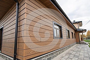 Wood texture composite cladding installation on house facade