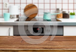 Wood texture table on kitchen stove bench background