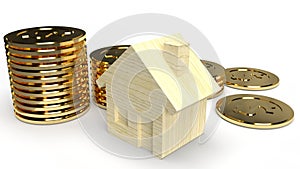 Wood toy house and gold coin 3d rendering on white background for property content