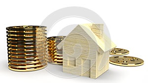 Wood toy house and gold coin 3d rendering on white background for property content