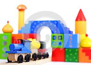 Wood toy train and blocks