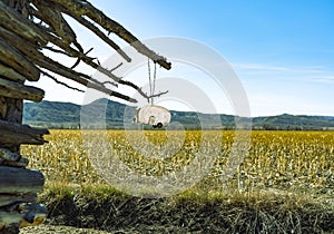 Wood trailer toy size hangs in the air and looks over a field of crops and mountain range.