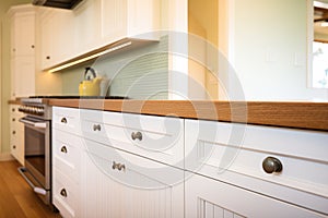 wood trim details on white kitchen cupboards