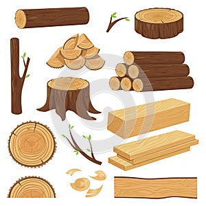 Wood trunks. Stacked lumber material, trunk twig and firewood logging twigs. Tree stump, old wooden plank isolated cartoon vector
