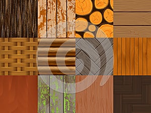 Wood vector seamless pattern wooden background texture and natural hardwood material textured backdrop set illustration