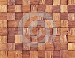 Wood veneer texture with square cut wood pieces. Wooden wallboard background image.