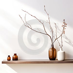 Wood wall floating shelf and vase with twigs near white wall with copy space. Storage organization for home