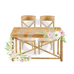 Wood wedding table with flower arrangement isolated on white. Hand drawn watercolor sweetheart table with floral