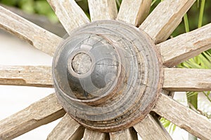 The wood wheel of a cart or buckboard.