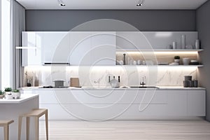 wood white design house interior kitchen nobody home contemporary modern apartment. Generative AI.