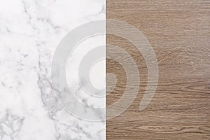 Wood and white marble stone texture background. Wooden and marble stone floor