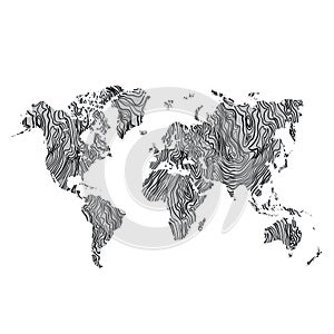 Wood World Map gray texture hand drawn black on background. vector