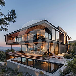 Woodaccented modern house, minimal design, panoramic views, tranquil setting.AI Generate