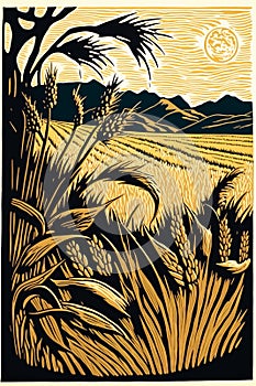 Woodblock print of a golden field of wheat, traditional craft style. Generative AI
