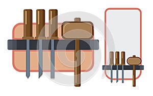 Woodcarving tools various chisels and a hammer - mallet. Vector illustration in flat style