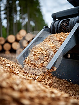Woodchipper machine processing logs into wood chips in a forest.