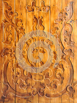 Woodcraft, Chinese oriental art on natural wooden plank. photo
