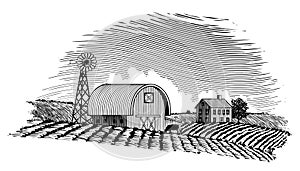 Woodcut Barn and Windmill