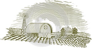 Woodcut Barn and Windmill