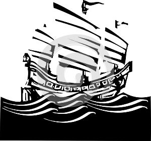 Woodcut Chinese Junk Sailing