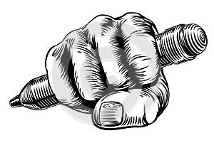 Woodcut Fist Hand Holding Pencil