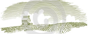 Woodcut Grain Elevator Landscape