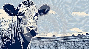 Woodcut-inspired Graphics: A Simple Lino Print Of A Cow In The Field photo