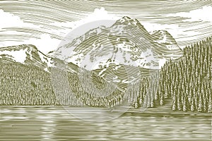 Woodcut Landscape with Mountain