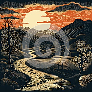 Woodcut Landscape: Night, Sunrise, And Sunset Illustrations