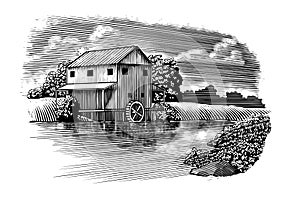 Woodcut Mill on River photo